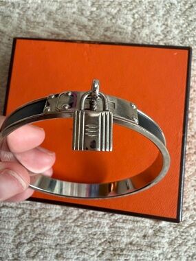 Hermes Silver-Tone Bangle with Padlock Charm and Black Enamel